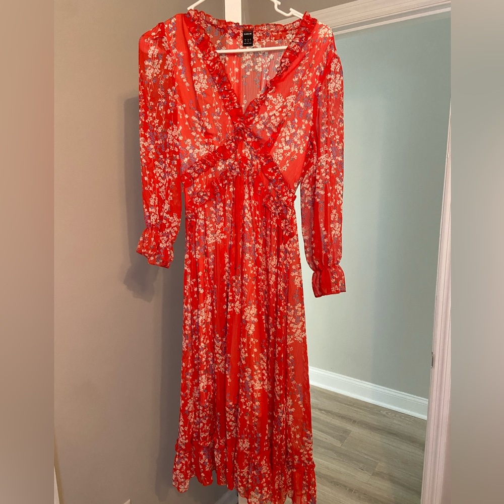 SHEIN Red Floral Midi Dress